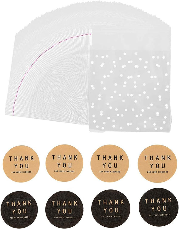 400PCS White Polka Dot Treat Bags Set, Self Adhesive Candy Cookie Bags Set, 200 Cellophane Bags + 200 Thank You
