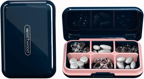 DUBSTAR Small Waterproof Travel Pill Organizer, 6 Compartments Portable Pill Case for Pocket Purse, Blue
