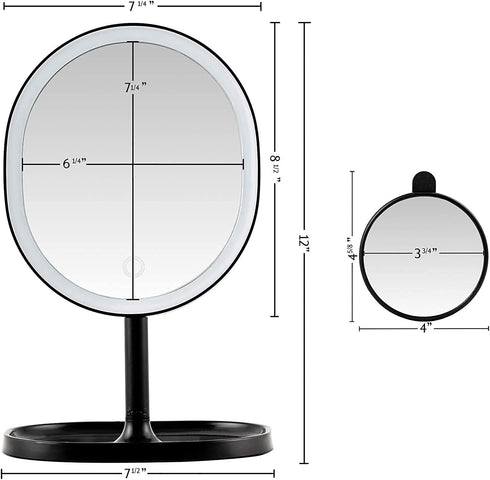 OVENTE 9" Rechargeable Lighted Tabletop Makeup Mirror, 1X Magnifying with 10X Mini Magnetic Mirror, Black