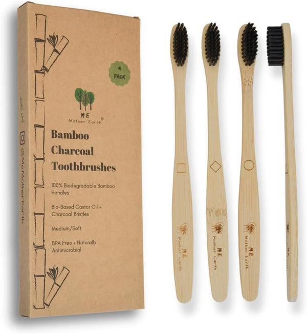 Bamboo Charcoal Toothbrush Pack, Medium Soft Bristle Brush, Charcoal Infused, Biodegradable & Eco-Friendly (Pack of 4)