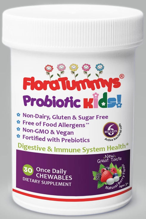 Kids Chewable Probiotic Prebiotics: Non-Dairy, Gluten & Sugar-Free, Vegan, Berry Flavor (1 Bottle)