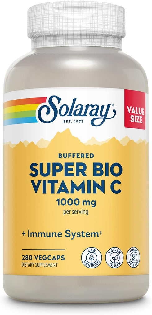 SOLARAY Super Bio Vitamin C 1000mg, Buffered, Time Release Capsules with Bioflavonoids, 280 VegCaps, 60 Day Guarantee