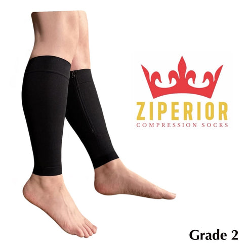 Ziperior 20-30 mmHg Inside Leg Compression Shin Calf No Foot Zipper Sleeves (Black, Small-Medium)