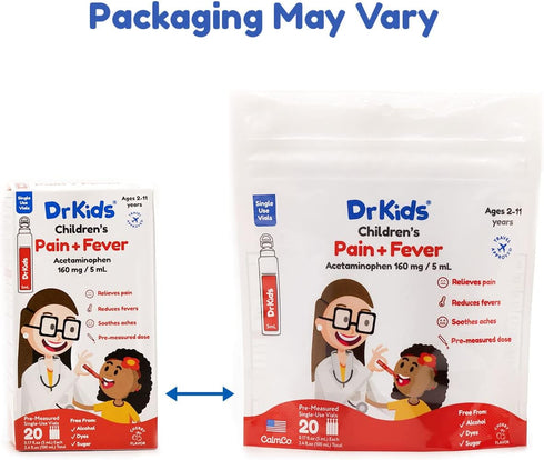 Dr. Kids Children's Pain and Fever Acetaminophen - Pre-Measured Single-Use Vials, Travel Compliant, 3.4 Fl Oz (20 Count)