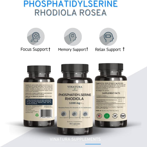 PhosphatidylSerine Rhodiola Rosea 1200mg - Brain Booster for Memory & Focus, 90 Capsules, 45 Servings