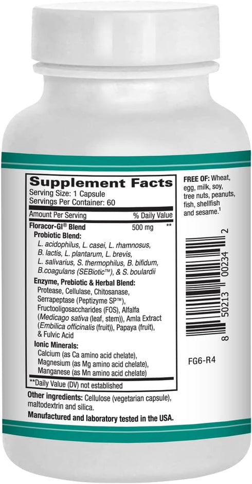 Floracor Supports Gut & Intestinal Health, Premium Probiotic, Prebiotic and Enzyme Formula, 60 Vegetarian Capsules