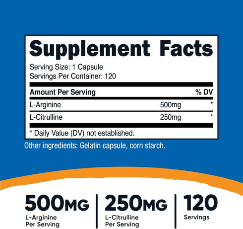 Nutricost L-Arginine L-Citrulline Complex 750mg, 120 Capsules - Non-GMO