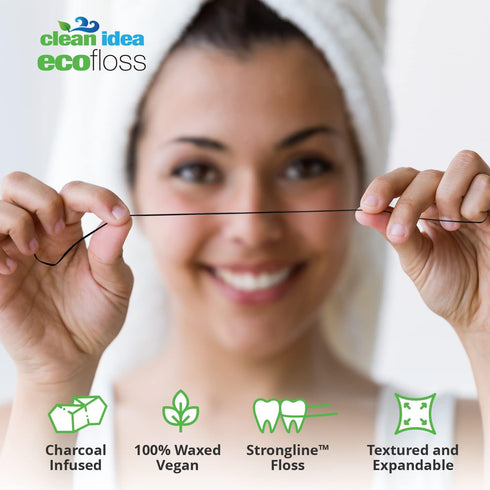 Ecofloss Charcoal Mint Dental Floss, 6x25m - Unwaxed Bamboo Floss, Organic, Biodegradable Floss Refill