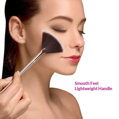 Fan Makeup Brush for Highlighter, Blush, Flutty & Powder Cosmetic Tool with Long Handle & Anti-Champagne Gold Brush