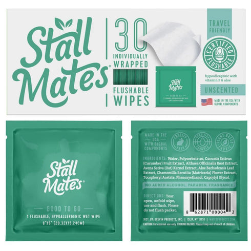 Stall Mates Flushable Wipes - Individually Wrapped, Travel Friendly, Unscented with Vitamin-E & Aloe, 30 Singles
