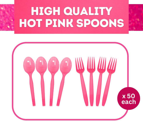 Hot Pink Spoon and Fork Set (50 Each) - Hot Pink Tableware for Parties, Lightweight Plasticware, Colored Cutleries, Plastic Utensils Set, Disposable Cutlery for Occasion, Party Supplies, Blue Orchards by Blue Orchards