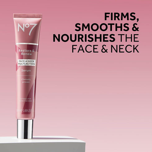 No7 Restore & Renew Multi-Action Face & Neck Serum, Anti Aging for Deep Wrinkle Repair, 0.5 Fl Oz