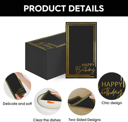 Horaldaily Birthday Disposable Paper Decorative Guest Napkins, Happy Birthday Gold Foil Black Elegent Celebration Hand