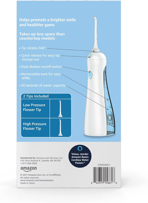 Amazon Basics HydroClean Cordless Water Flosser, 1 Handle, 2 Flosser Tips, 2 AA batteries included