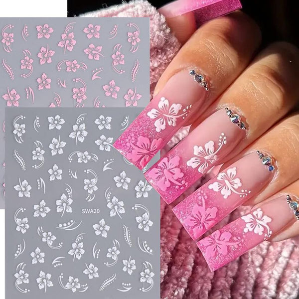 5 Sheets Flower Nail Art Stickers, Self-Adhesive 3D Multicolor Summer Hibiscus Designs for Nail Decorations