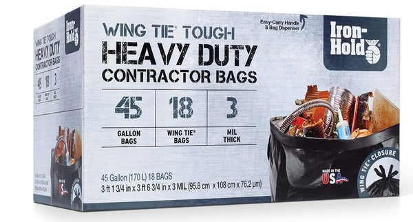 Contractor Trash Bags, 45 Gallon, 18 Bags, Wing Tie Closure, 3 MIL Thick, Gusseted Bottom, Heavy Duty Black Garbage Bags