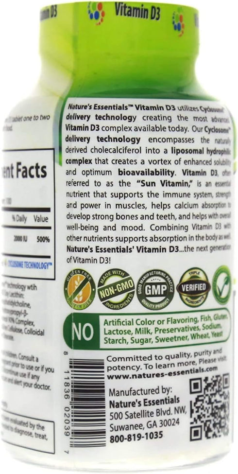 NATURE'S ESSENTIALS Vitamin D3 2000IU, Immune Support, Non-GMO, Gluten Free, Vegetarian, 100 Tablets