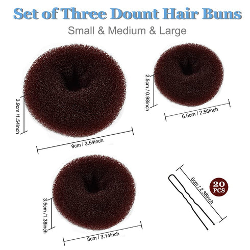 TsMADDTs Donut Hair Bun Maker, 3PCS Dark Brown Ring Style Bun Maker with 20PCS U Shaped Hair Pins for Women