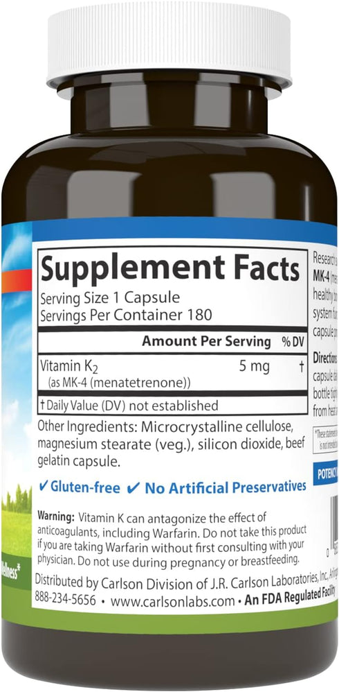 Carlson Vitamin K2 MK-4 (Menatetrenone), 5 mg, Bone Support Supplement, Soy-Free, 180 Capsules