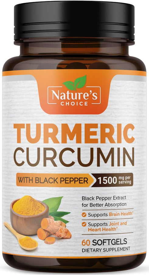 Turmeric Curcumin Supplement 1500mg with Curcuminoids, Black Pepper for Advanced Absorption, 60 Softgels