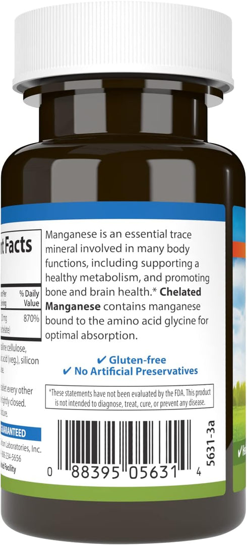 Chelated Manganese 20 mg, 100 Tablets by Carlson - Superior Absorption, Healthy Metabolism & Bone Support