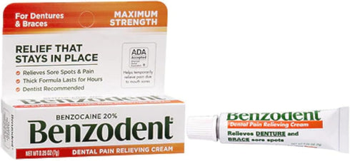 Benzodent Dental Pain Relieving Cream for Dentures and Braces, 0.25 oz tube (Pack of 3)
