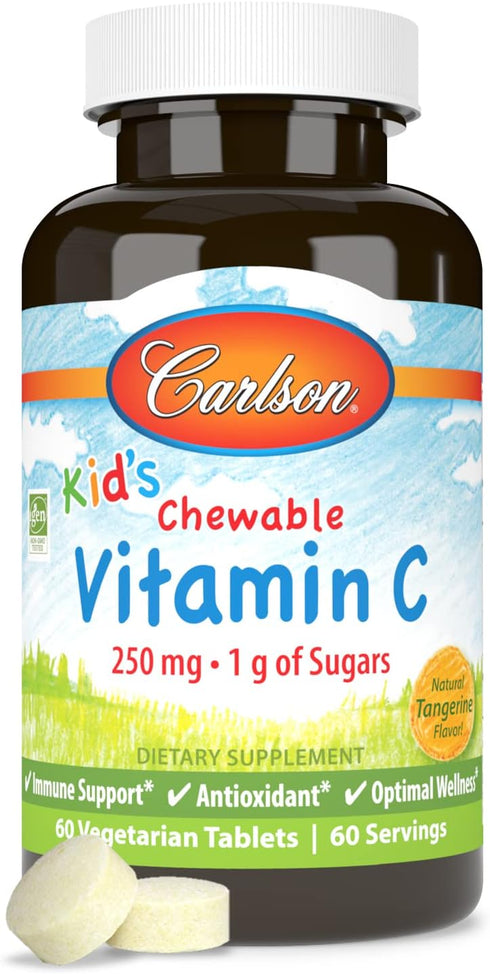 Carlson Kid's Chewable Vitamin C, 250 mg, 60 Vegetarian Tablets, Immune Support, Tangerine