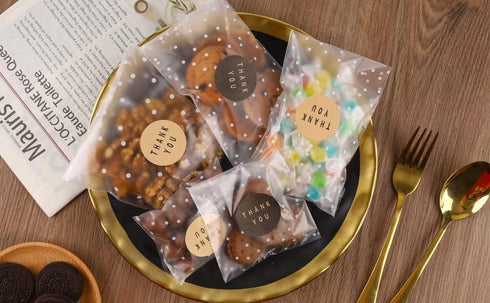200PACK Self Adhesive Cookie Bags, Cellophane Treat Bags with Stickers, 5.5x5.5 INCH (White Polka Dot)