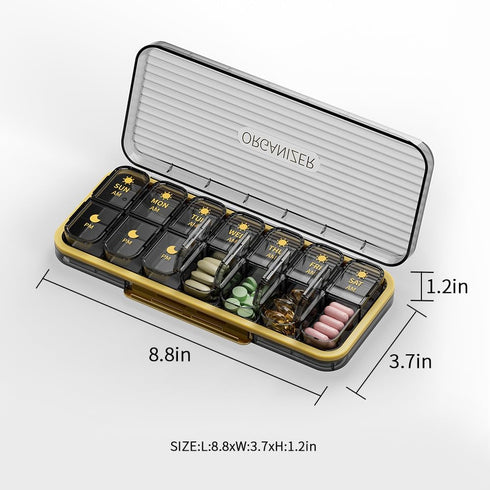JWYTA 7-Day 14 21 (Black,14 Pill Organizer or Compartment Weekly Medication Box with Dust-Resistant Cover