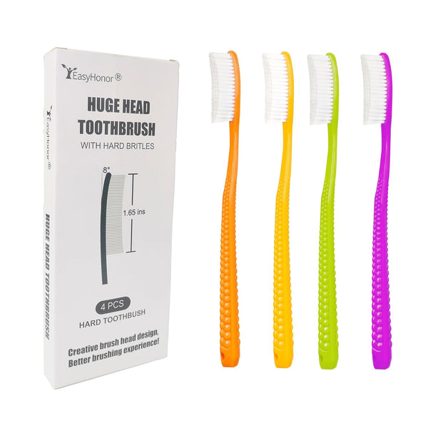 EasyHonor Giant Head Toothbrush - Hard & Firm Bristles BPA Free, 4 Pack White Hard Bristles