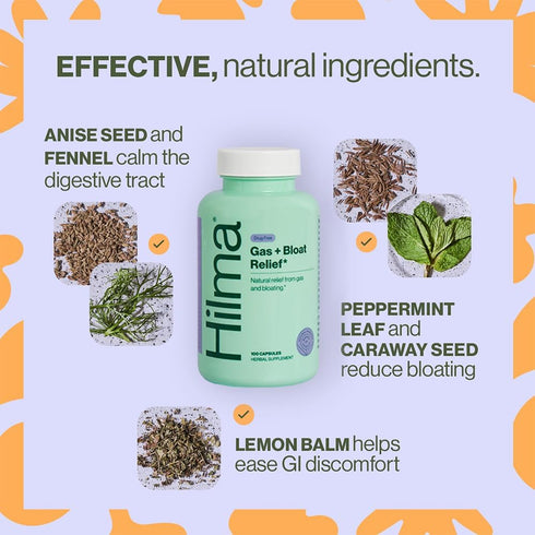 Hilma Natural Gas & Bloating Relief with Lemon Balm, Fennel & Peppermint, 100 Vegan Capsules