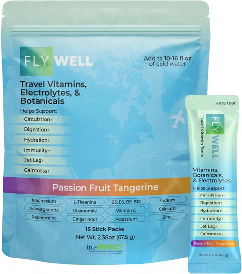 Travel Vitamin Tonic for Flight - Jet Lag, Hydration, Circulation, Immune Support, Passion Fruit Tangerine, 15 Sticks