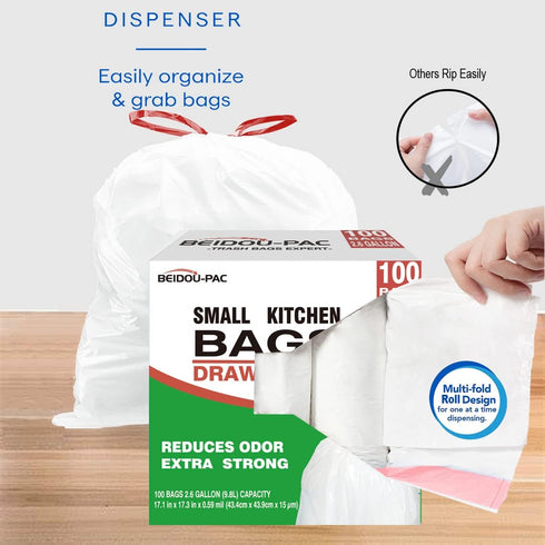 2.6 Gallon Drawstring Trash Bags, 100 Count Multifold Roll Garbage Bags for Home Office Bathroom Kitchen