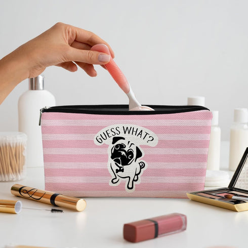 Pug Gifts for Pug Lovers - Pink Stripe Makeup Bag, Cute Pug Canvas Zipper Pouch, Funny Pug Butt Gifts