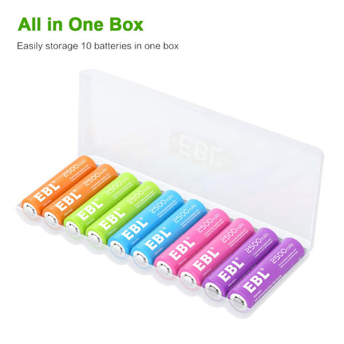 EBL AA Rechargeable Batteries 2500mAh (10 Pack - 5 Colors) Pre-Charged 1.2V NiMH Double A Battery