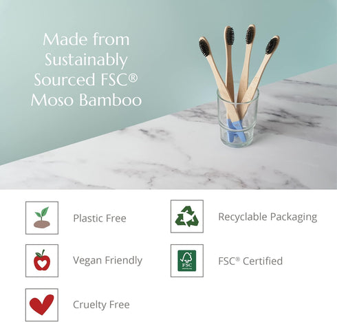 Wild & Stone 100% | Firm Bristle Organic Bamboo Toothbrush | Four Handle Patterns | Firm Fibre Bristles | Biodegradable