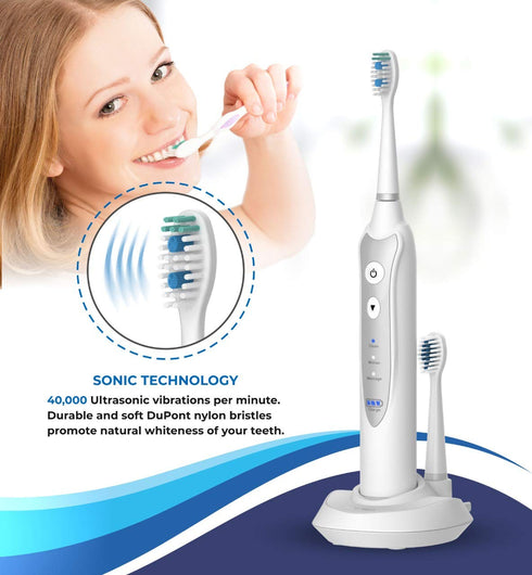 Sonic Electric Toothbrush for Adults with 5 Replacement Heads, 3 Modes & Built-in Timer, White