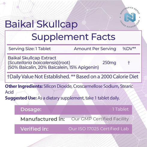 Nootropics Depot Baikal Skullcap Extract Tablets, 250mg, 120 Count with >15% Apigenin, >20% Baicalein