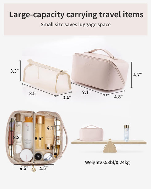 Vlando Travel Makeup Bag - Waterproof Portable Toiletry Bag with Divider and Handle for Travel Essentials (Pink)