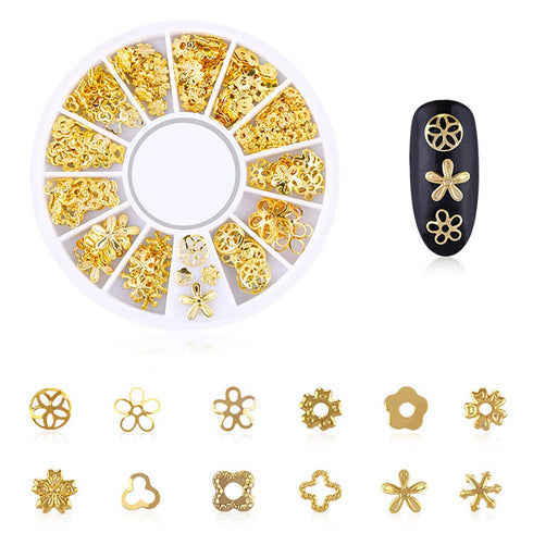 WOKOTO 6 Boxes Nail Art Studs Set, Gold Silver Hollow Star Moon Flower Rivet Kit with Tweezers and Picker Pencil