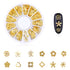 WOKOTO 6 Boxes Nail Art Studs Set, Gold Silver Hollow Star Moon Flower Rivet Kit with Tweezers and Picker Pencil