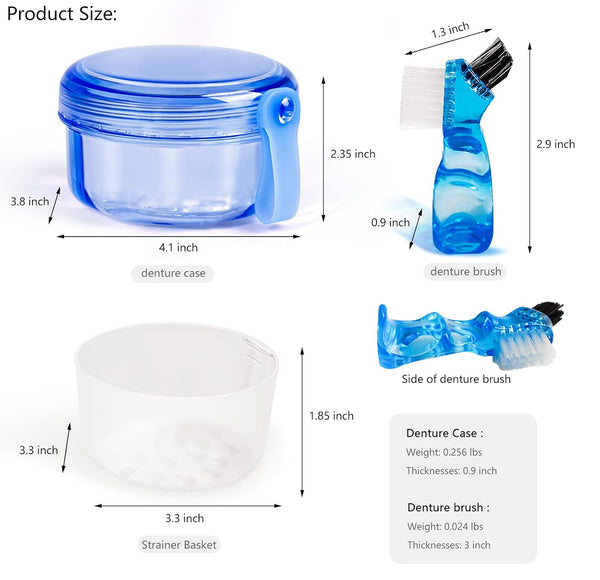 Leak Proof Portable Denture Bath Case, Denture Cleaning Cup, False Teeth Holder, Transparent Blue