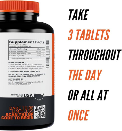 Creatine Pills - 5g 3X Pure Creatine Monohydrate Pills for Pre Workout Muscle Mass Gainer - 90 Tablets