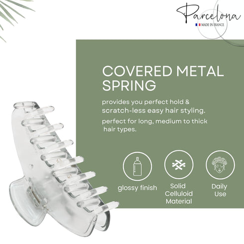 Parcelona French Basic Medium 3 1/2" Celluloid Claw Clips, Durable Styling Hair Accessories (Shell and Clear)