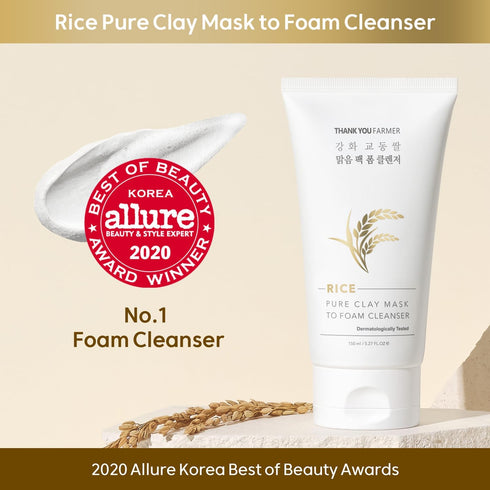 THANKYOU FARMER Rice Pure 2-IN-1 Korean Clay Mask to Foam Cleanser 5.27 fl.oz, Removes Excess Oil & Dead Skin Cells
