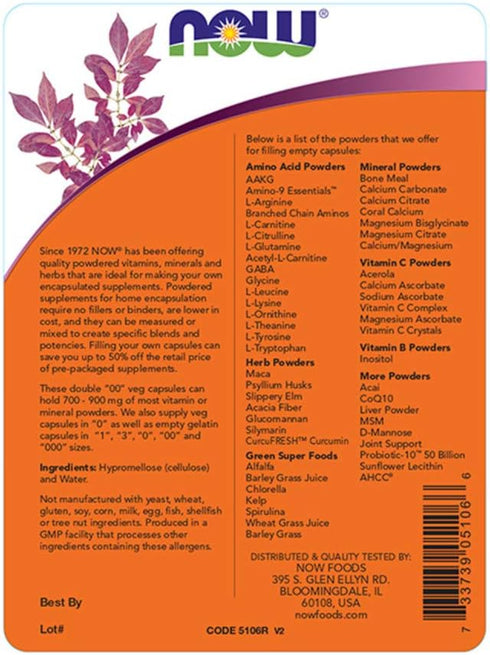 NOW Supplements, Empty Vegetarian Capsules, Double "00", Filled by Weight, Non-GMO Project Verified, 250 Veg Capsules