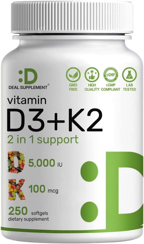 DEAL SUPPLEMENT Vitamin D3 5,000 IU + K2 MK7 Softgels, 250 Count, 2-in-1 Complex for Heart, Bone, Teeth & Immune Health