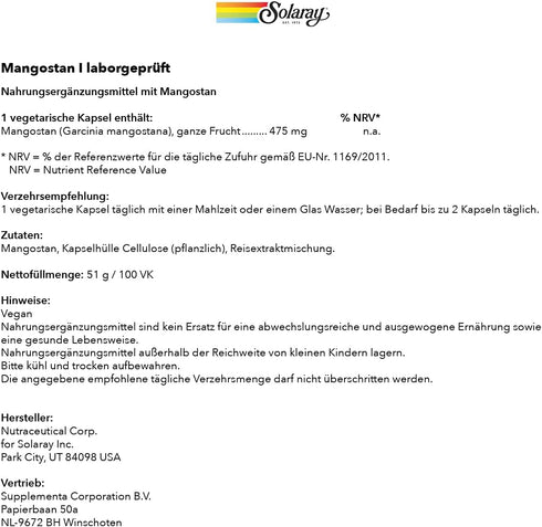 SOLARAY Mangosteen Fruit 475mg | Whole Herb | Antioxidant & Immune Support Supplement | 100ct w/Phytonutrients,