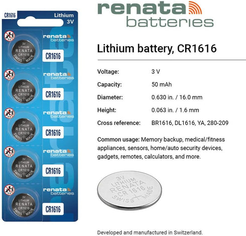 Renata CR1616 Batteries - 3V Lithium Coin Cell 1616 Battery (25 Count)