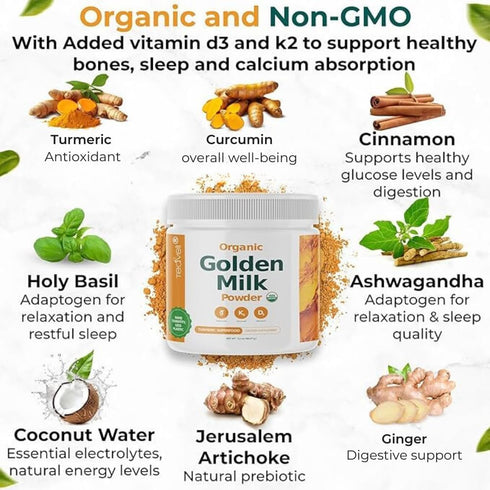 Organic Golden Milk Powder (Leche Dorada organica) with Turmeric, Ginger, Curcumin, Cinnamon, KSM66 Ashwagandha, Tulsi